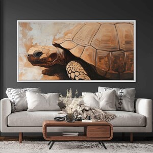 May include: A painting of a brown tortoise with a textured shell, set against a light brown background. The tortoise is facing the left side of the image and its head is slightly tilted.