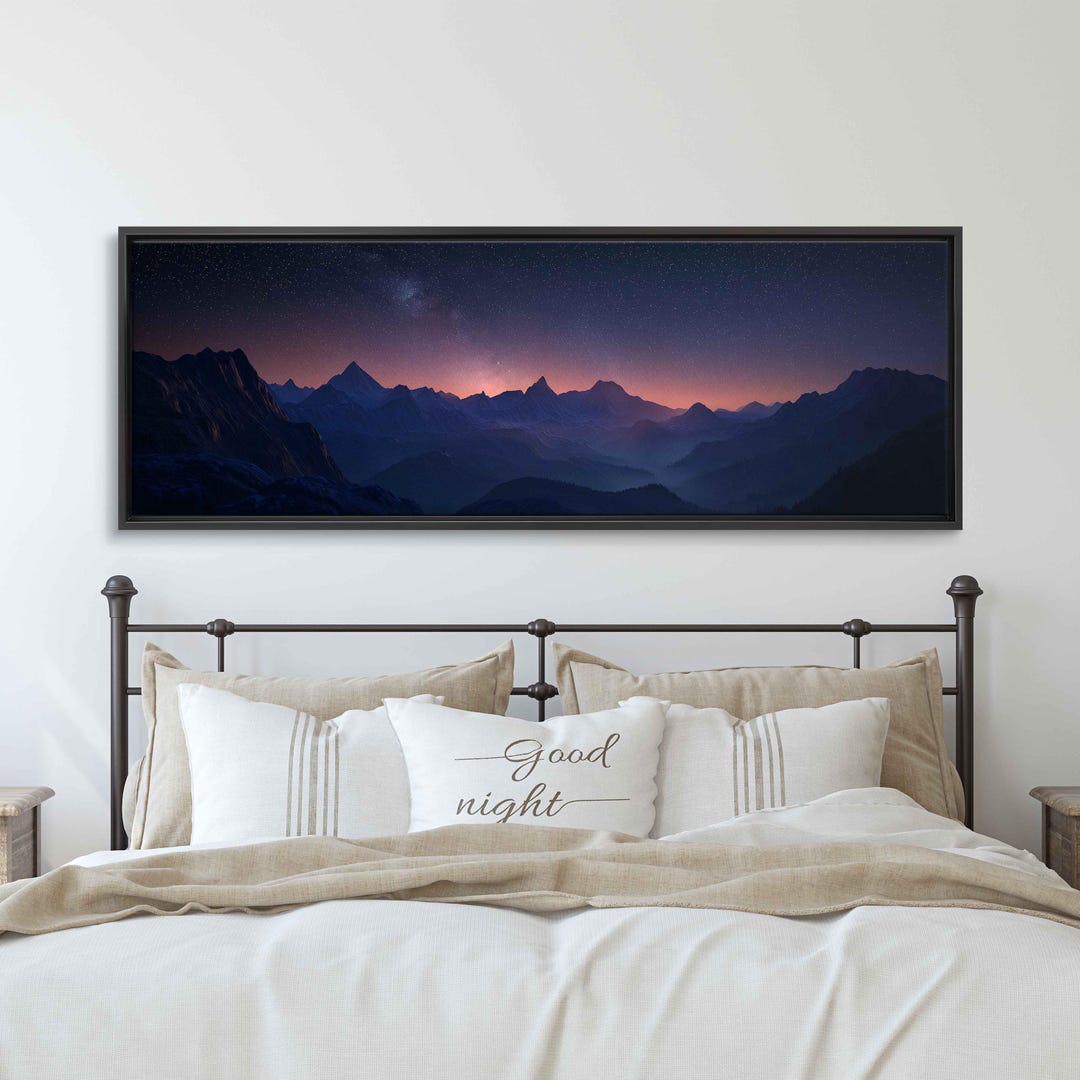 Starry Night Sky Over Rugged Mountain Terrain Wall Art Canvas Print ...