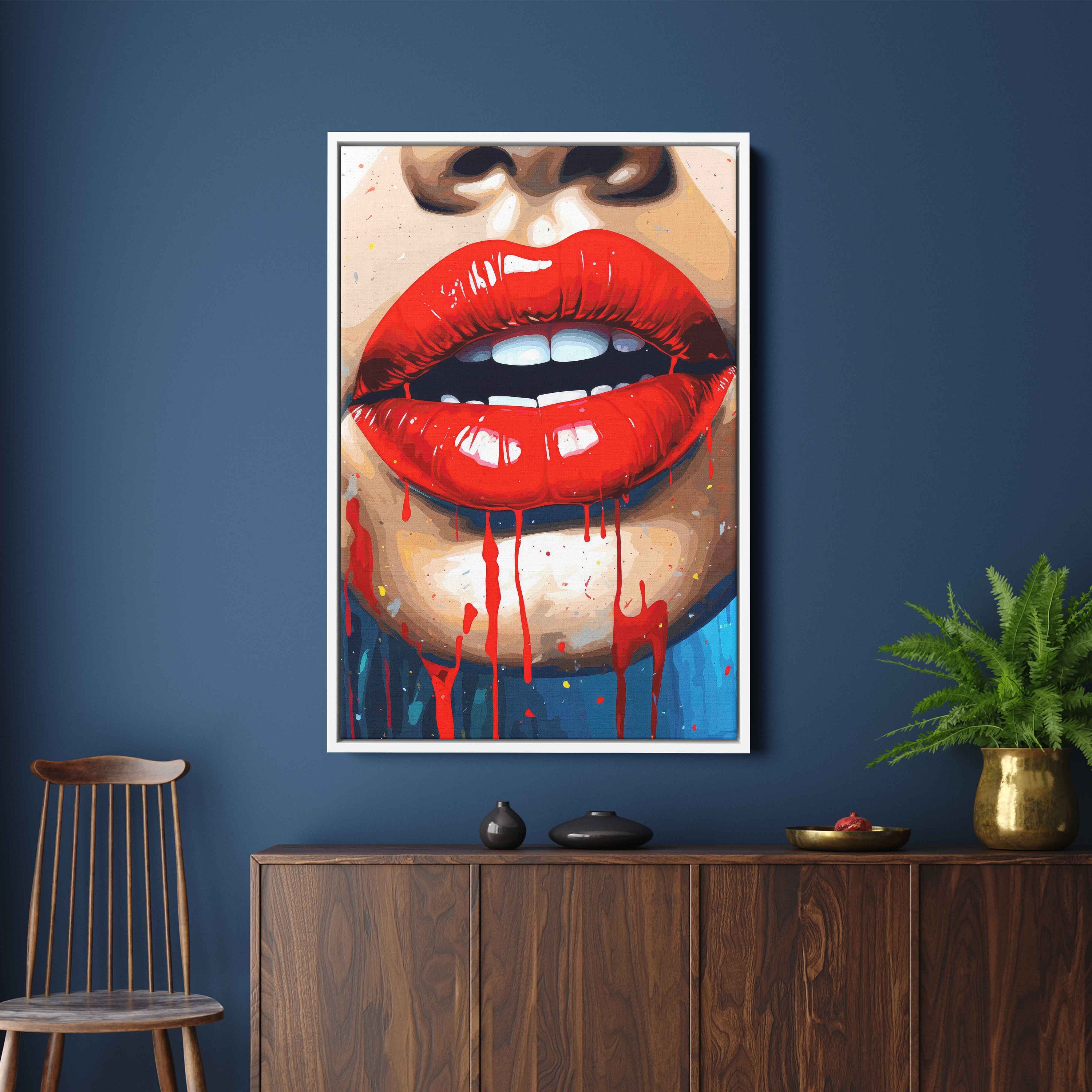 Colorful Pop Art Lips, Paint Splash Wall Art, Framed Canvas Print