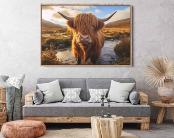 Highland Cow Taking A Bath Photo, Canvas Wall Art, Framed Canvas Print, Ready To Hang