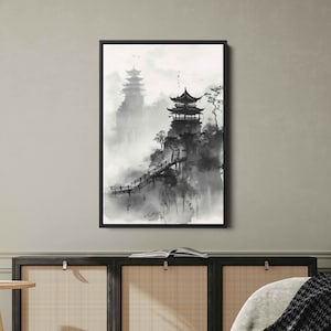 Black And White Chinese Landscape Painting, Black Ink Wash Painting, Ready To Hang Canvas