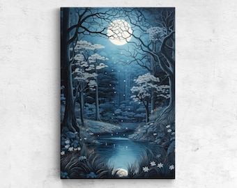 Enchanted Moonlit Forest Painting, Framed Canvas Print, Ready To Hang