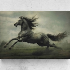 Horse Galloping Mid-century Oil Painting, Framed Canvas Print, Ready To Hang