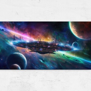 Alien Ufo Spaceship Wall Art, Neon Colors, Framed Canvas Print, Ready To Hang,