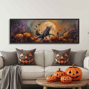 May include: A black wolf howls at the full moon in a spooky Halloween scene. The wolf is surrounded by jack-o'-lantern pumpkins with carved faces. The background is a dark, stormy sky with bats flying.