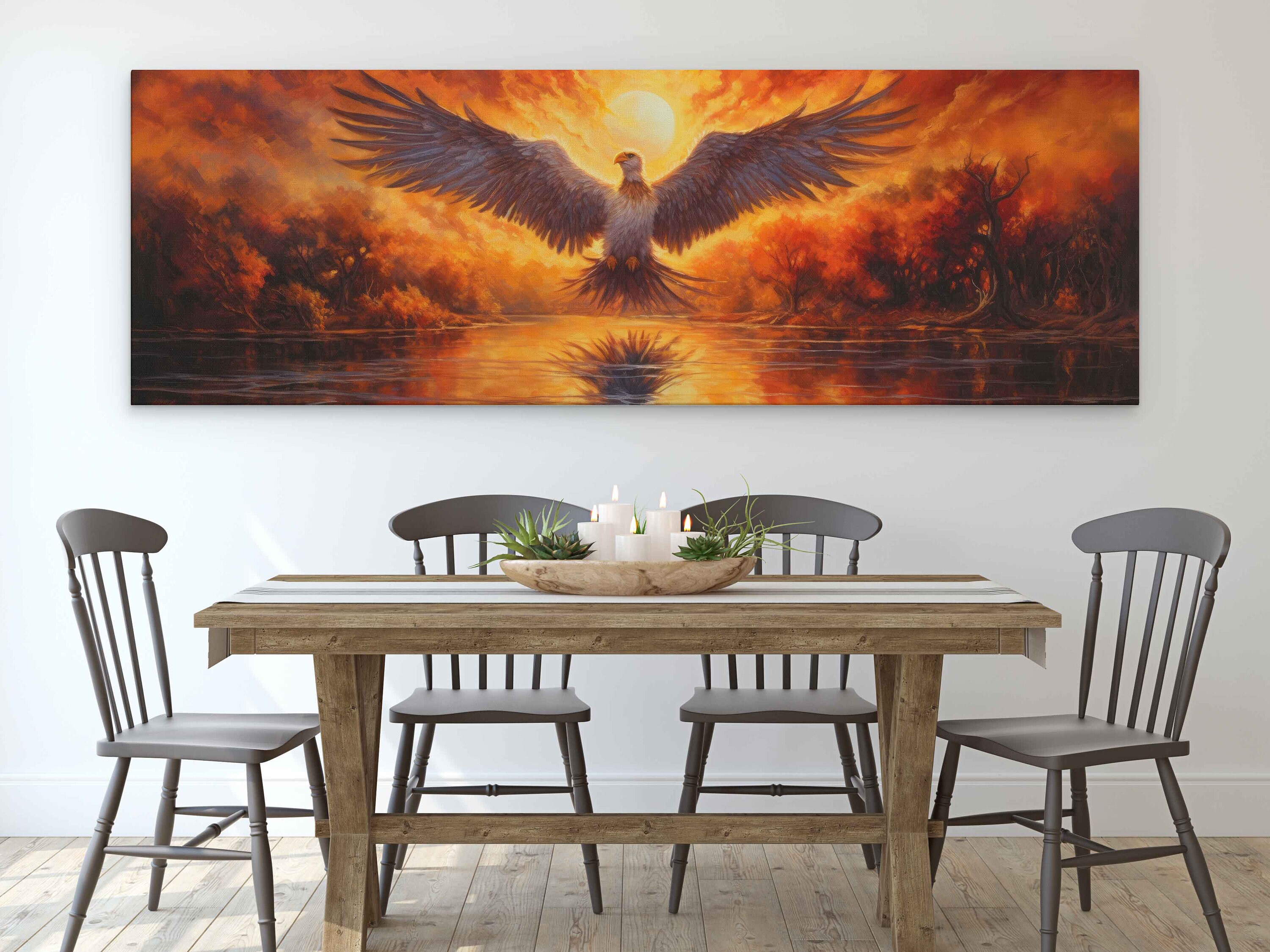 Panoramic Phoenix Bird Over A Lake, Stunning Sunset, Framed Canvas