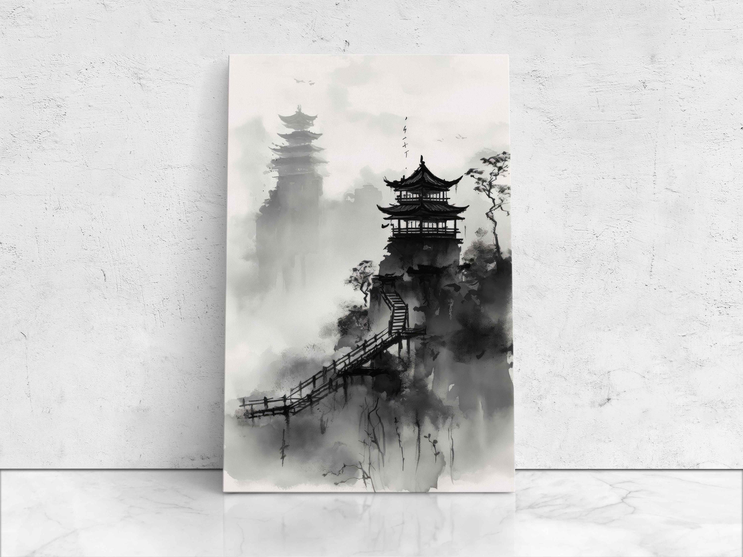 Black and White Chinese Landscape Painting Black Ink Wash Etsy