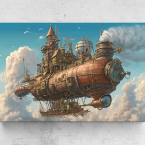Steampunk Airship In The Clouds, Framed Canvas Print, Ready To Hang