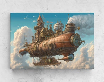 Steampunk Airship In The Clouds, Framed Canvas Print, Ready To Hang