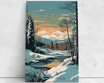 Pop Art Winter Landscape, Comic Book Style Illustrations, Vibrant Colors, Living Room Decor