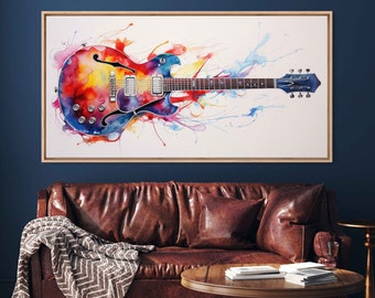 Colorful Guitar Watercolor Painting, Framed Canvas Print, Ready To Hang, Gift For Musician, Gift For Guitarist