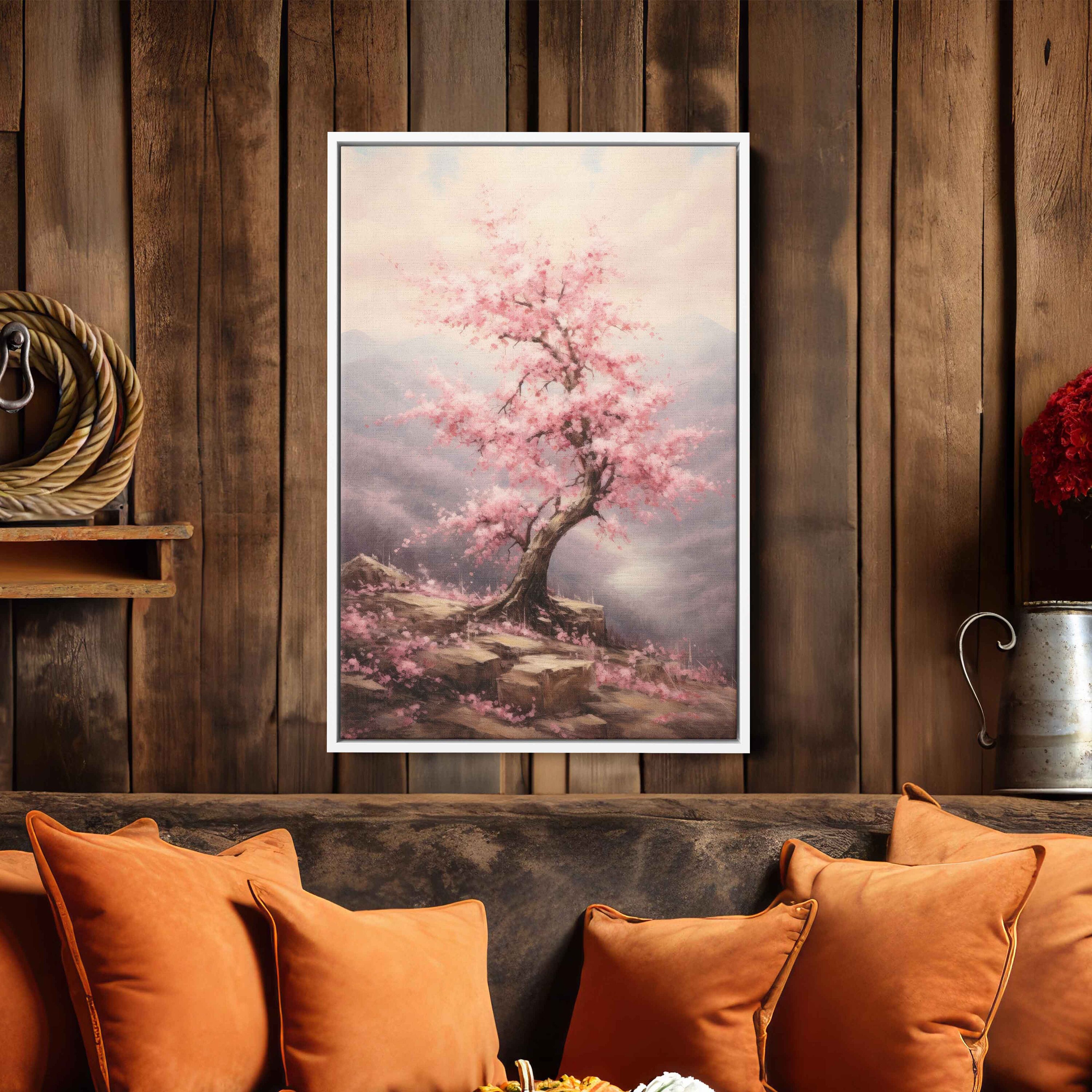 Pink Cherry Tree Blossom Wall Art Painting, Framed Canvas Print, Ready ...