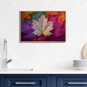 Close-Up Dew-Kissed Maple Leaf, Wall Art Canvas Print, Autumn Colors, Nature Photography, Fall Season