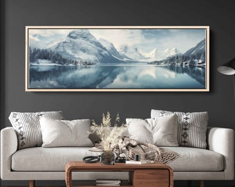 Serene Lakeside Vista, Panoramic Wall Art, Lake And Snowy Mountains, Framed Canvas Print, Ready To Hang