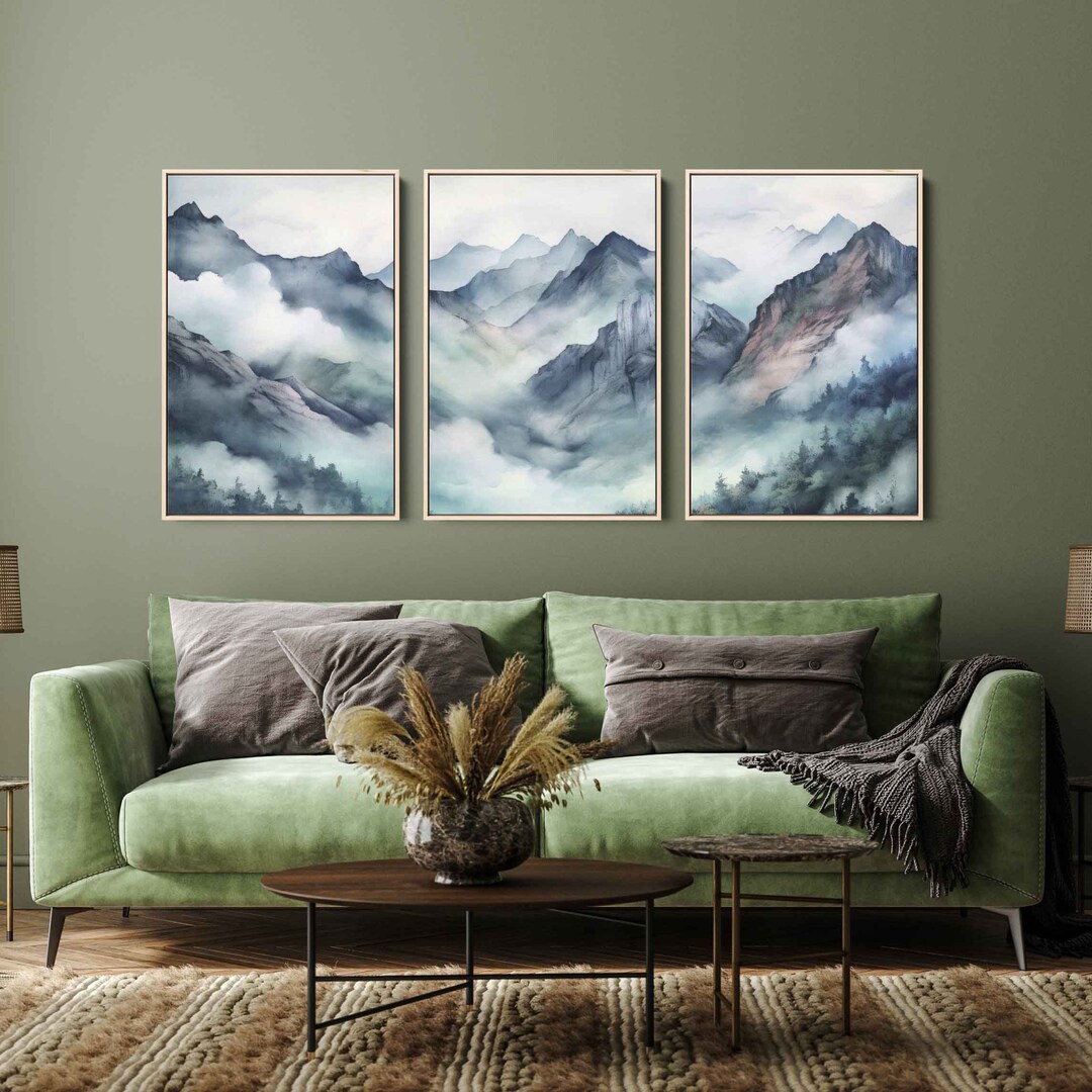 Foggy Mountains Watercolor Painting, 3 Piece Wall Art, Framed Canvas