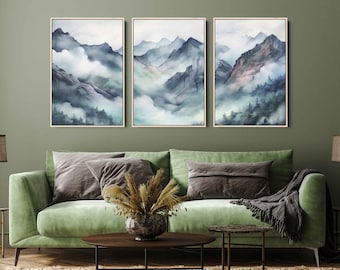 Foggy Mountains Watercolor Painting, 3 Piece Wall Art, Framed Canvas Print, Ready To Hang, Triptych Wall Art