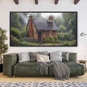 May include: A small brick cottage with a slate roof sits in a lush green forest. Rain falls from the sky, creating a misty atmosphere. The cottage has a wooden door and windows, and a chimney on the roof.