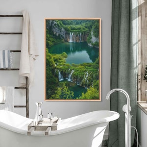 Serene Waterfall, Lush Greenery, Tranquil Lake, Mountain Range, Cloudy Skies, Canvas Wall Art Print, Ready To Hang