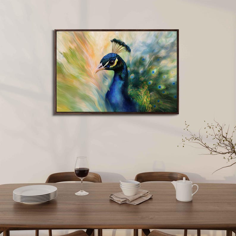 Vibrant Peacock Closeup Wall Art Canvas Print, Gift For Animal Lover, Nature Photo, Impressionism, Beautiful Bird, Ready To Hang image 3