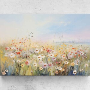 Vintage Wildflower Field Acrylic Painting, Framed Canvas Print, Ready To Hang