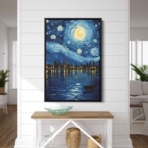 Van Gogh Starry Night Inspired Oil Painting, Framed Canvas Print, Ready To Hang