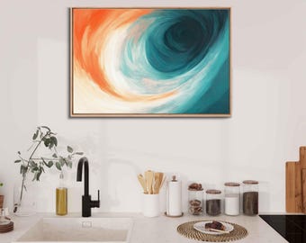 Abstract Landscape Painting, Wall Art Canvas Print, Swirling Teal and Orange Colors, Sunset Glow