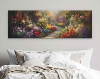 Colorful Panoramic Flower Garden Oil Painting, Digital Print On Canvas, Bright Vibrant Colors, Ready To Hang, Perfect Mother's Day Gift