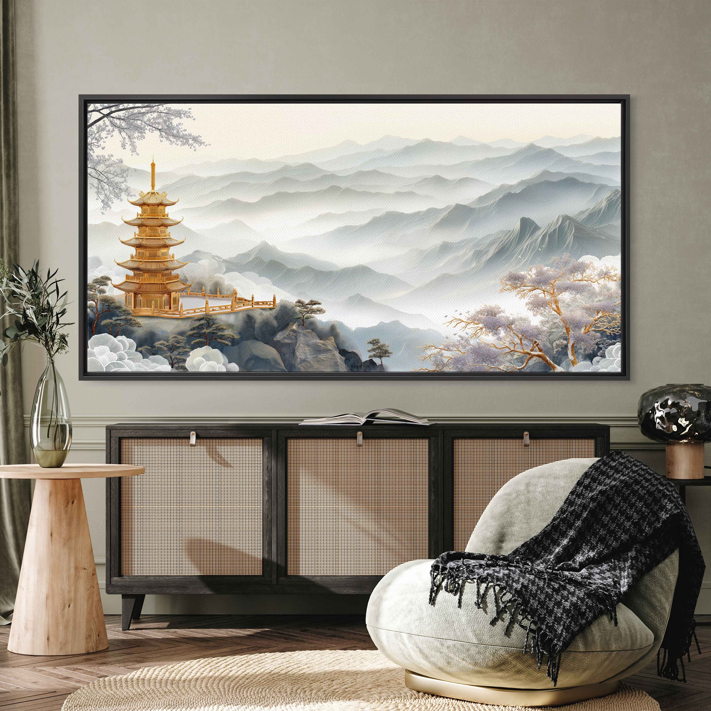 Gold Inlaid Jade Pagoda Wall Art Canvas Print, Chinese Landscape