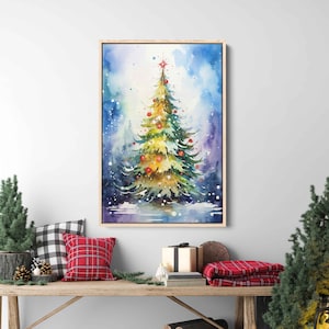 Christmas Tree Watercolor Painting, Framed Canvas Print, Christmas Decorations, Gift For Christmas, Ready To Hang, Winter Pine Tree
