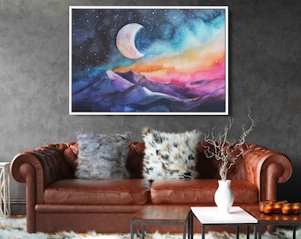 Moon In Night Sky Water Color Painting, Snowy Mountains, Colorful Clouds, Framed Canvas Print, Ready To Hang