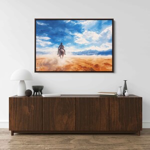 Cowboy Riding Horse In Desert Watercolor Wall Art Canvas Print, Blue Skies, Dusty Desert Landscape, Ready To Hang