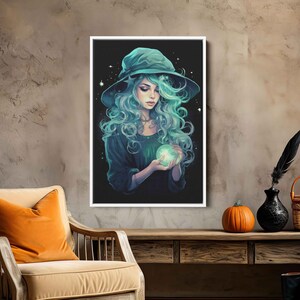 Celestial Witch Under Full Moon, Halloween Wall Art, Framed Canvas Print, Ready To Hang, Halloween Gift Ideas, Wiccan Wall Art