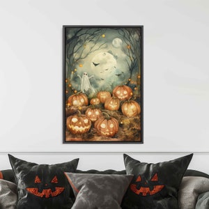 May include: A watercolor painting of a spooky forest scene with a ghost and glowing jack-o'-lanterns. The moon is full and there are bats flying in the sky.