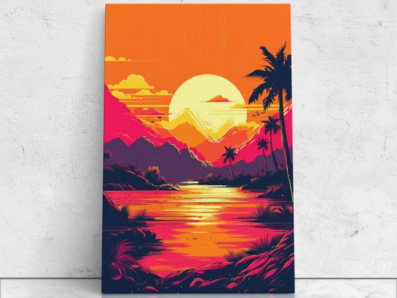 Tropical Summer Pop Art Landscape, Digital Illustration on Canvas