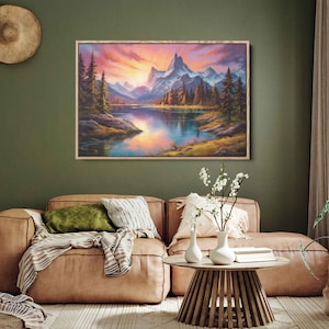 Colorful Landscape Oil Painting, Mountain Lakes Forest, Framed Canvas Print, Ready To Hang, Living Room Decor