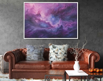 Purple Blue Space Nebula Painting, Canvas Wall Art Print, Space Art, Cosmos, Gift For Space Lover