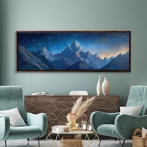 May include: A panoramic landscape painting of a mountain range under a starry night sky. The mountains are painted in shades of blue and purple, with a few white peaks. The sky is a deep blue with a scattering of white stars.