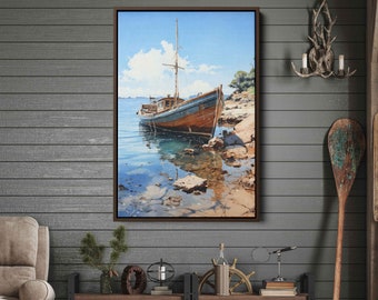 Watercolor Boat On A Beach Wall Art Canvas Print, Glassy Water, Olden Sailboat, Gift For Boat Lovers, Ready To Hang