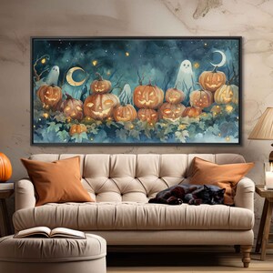 May include: A digital painting of a group of jack-o'-lanterns with glowing faces, surrounded by leaves and a crescent moon. A ghostly figure appears in the background.