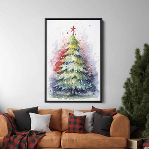 Christmas Tree Watercolor Painting, Framed Canvas Print, Christmas Decorations, Gift For Christmas, Ready To Hang, Winter Pine Tree