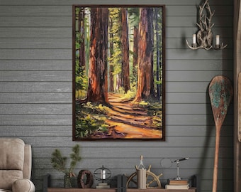 Acrylic Redwood Forest Path Wall Art Canvas Print, Gift For Nature Lover, Wooded Walkway, Serene Outdoors, Ready To Hang