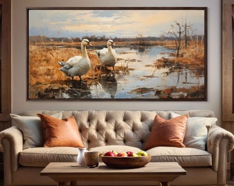 Swans In Pond Watercolor Wall Art Canvas Print, Gift For Animal Or Nature Lover, Pair Of Swans, Ready To Hang