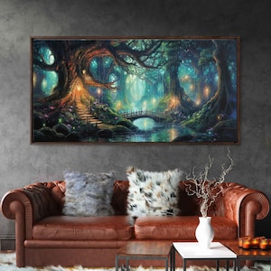 Enchanted Forest Village, Uplifting Acrylic Painting, Fireflies, Fantasy Art, Canvas Wall Art Print, Ready To Hang, Panoramic Painting