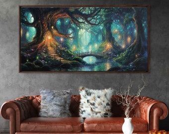 Enchanted Forest Village, Uplifting Acrylic Painting, Fireflies, Fantasy Art, Canvas Wall Art Print, Ready To Hang, Panoramic Painting