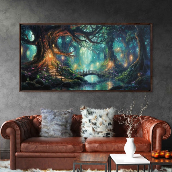 Enchanted Forest Village, Uplifting Acrylic Painting, Fireflies, Fantasy Art, Canvas Wall Art Print, Ready To Hang, Panoramic Painting