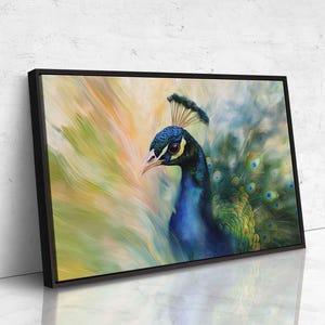 Vibrant Peacock Closeup Wall Art Canvas Print, Gift For Animal Lover, Nature Photo, Impressionism, Beautiful Bird, Ready To Hang image 2