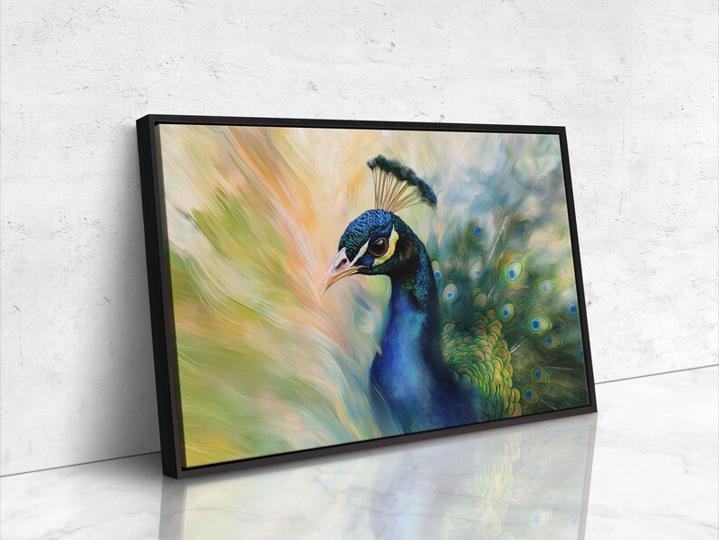 Vibrant Peacock Closeup Wall Art Canvas Print, Gift For Animal Lover, Nature Photo, Impressionism, Beautiful Bird, Ready To Hang image 2