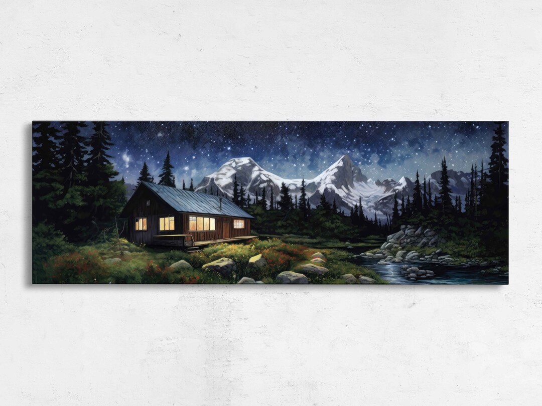 Cabin Starry Night Sky Panoramic Landscape Painting Framed - Etsy