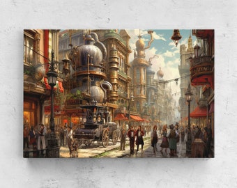 Steampunk City Streets, Framed Canvas Print, Steampunk Decor, Unique Wall Art, Ready To Hang