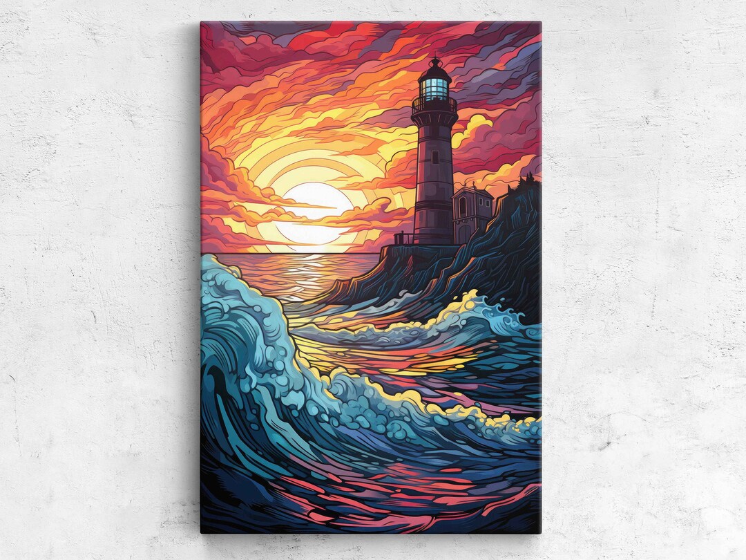 Colorful Ocean Lighthouse Wall Art Canvas Print, Sunrise Sunset Over ...